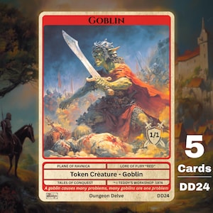 Może przedstawiać: Karta Goblin z serii Dungeon Delve. Karta przedstawia zielonego goblina z mieczem, ubranego w czerwony płaszcz, z napisem "GOBLIN". Karta wyświetla również "1/1" i "5 Kart" z tekstem "Token Creature - Goblin".