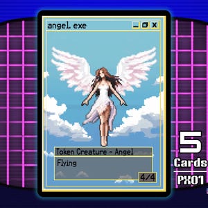 Pode incluir: Um cartão colecionável pixelado com um anjo com grandes asas brancas contra um céu azul com nuvens. O cartão é rotulado como "angel.exe" e inclui o texto "Token Creature - Angel, Flying" e "4/4". O cartão faz parte de um conjunto de 5 cartas, PX01.