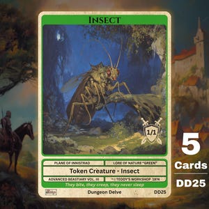 May include: A fantasy card featuring a detailed insect illustration with red eyes, perched on a branch against a dark, forested background. The card is labeled "Insect" and includes text: "Token Creature - Insect". The card is part of the "Advanced Bestiary Vol. III" set.