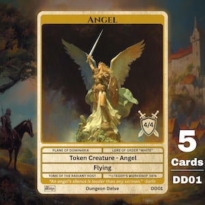 Pode incluir: Carta colecionável com um anjo alado segurando uma espada. A carta é rotulada como "ANGEL" e inclui o texto "Token Creature - Angel" e "Flying". Possui uma classificação de 4/4 e faz parte de um conjunto de 5 cartas.