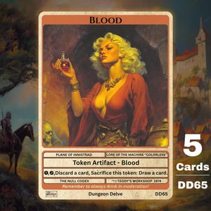 May include: A fantasy trading card with the title "BLOOD", depicting a woman in a red dress holding a vial. The card text describes discarding and drawing cards. The card is part of a set of 5 cards. Measurements are not applicable.