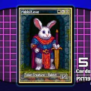 May include: A pixelated trading card featuring a white rabbit warrior with a sword, wearing blue and red armor. The card is labeled "rabbit.exe" and "Token Creature - Rabbit". The card is part of the "pixel.exe series".