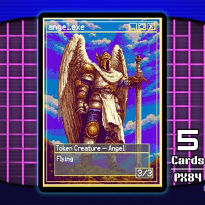 Pode incluir: Um cartão colecionável pixelizado com um anjo com grandes asas e uma espada. O cartão é rotulado como "angel.exe" e inclui o texto "Token Creature - Angel" e "Flying". O cartão faz parte da "pixel.exe series" e inclui o número "5" e "Cards".