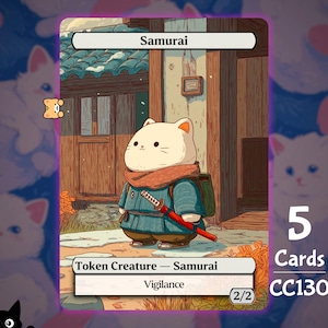 May include: A fantasy card featuring a white cat samurai with a red sword, wearing a blue outfit and a brown scarf. The card is labeled "Samurai" and "Token Creature - Samurai". The card also has the text "Vigilance" and "(2/2)". The image is set against a background of a Japanese-style building.