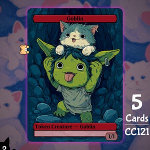 Può includere: Una carta fantasy con un goblin verde con un gatto in testa. La carta è etichettata come "Goblin" e "Token Creature - Goblin". Lo sfondo presenta un motivo di gatti bianchi. La carta ha anche il numero "1/1".