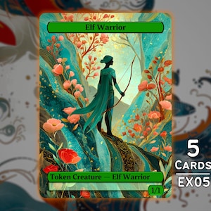 Puede incluir: Carta ilustrada de un Guerrero Elfo con arco y flecha en un paisaje de fantasía con flores y agua. La tarjeta incluye el texto "Elf Warrior" y "Token Creature - Elf Warrior". La tarjeta también tiene el número "1/1" y "5 CARDS EX05".