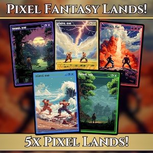 May include: Five pixel art fantasy land cards with different scenes: swamp, plains, mountain, island, and forest. Each card has a unique color border and the text "PIXEL FANTASY LANDS!" and "5X PIXEL LANDS!"