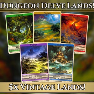 May include: Five vintage fantasy land cards featuring landscape art. The cards are labelled Forest, Plains, Mountain, Swamp, and Island. The text "Dungeon Delve Lands!" and "5x Vintage Lands!" are displayed.