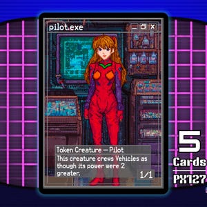 Puede incluir: Una tarjeta coleccionable de arte pixelado que presenta un personaje con un mono rojo con detalles en naranja. La tarjeta está etiquetada como "pilot.exe" e incluye el texto "Token Creature - Pilot". La tarjeta es parte de la "pixel.exe series" y muestra "5 Cards" con el código "PX127."