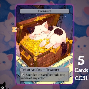 May include: A fantasy card featuring a white cat with black spots, resting on a pile of gold coins inside a wooden treasure chest. The card is labeled "Treasure" and includes game text. The background has a purple and blue color scheme.