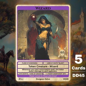 May include: A fantasy-themed trading card featuring a wizard illustration. The card has a purple border and includes text such as "Wizard" and "Token Creature - Wizard". The card also displays the number "5" and the text "Cards".