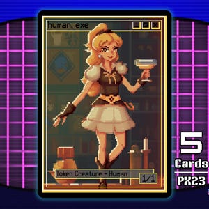 以下が含まれることがあります： 茶色と白の衣装を着たブロンドの女性がゴブレットを持っているピクセルアートのトレーディングカード。「human.exe」と「Token Creature - Human」と書かれています。このカードは「pixel.exe series」の一部です。