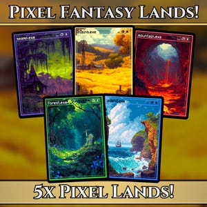 Könnte beinhalten: Fünf Pixel-Art-Fantasy-Land-Karten mit verschiedenen Szenen: Sumpf, Ebene, Berg, Wald und Insel. Jede Karte ist mit einem farbigen Rahmen versehen und mit einem Dateinamen versehen. Der Text "Pixel Fantasy Lands!" und "5x Pixel Lands!" ist zu sehen.