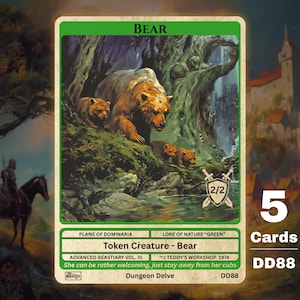 May include: A fantasy card featuring a bear and cubs in a forest setting. The card is green and white with the word "BEAR" at the top. The card also includes the text "Token Creature - Bear" and "5 Cards".