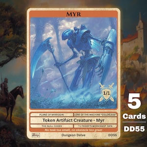 May include: A trading card featuring a blue robot-like creature with a scythe and shield, labeled "MYR." The card includes text about the creature's type and abilities, with a 1/1 power/toughness rating. The card is part of a set of 5 cards.