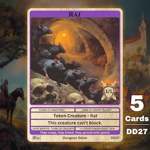 May include: A fantasy card featuring a group of black rats in a cave with skulls. The card is labeled "RAT" and includes the text "Token Creature - Rat" and "This creature can't block." The card also has a 1/1 symbol and the text "5 Cards DD27."