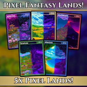 May include: Five pixel art landscape prints, each showing a different fantasy scene. The prints are displayed in a window-like frame, with titles like "swamp.exe" and "island.exe". The text "PIXEL FANTASY LANDS!" and "5x PIXEL LANDS!" are also visible.