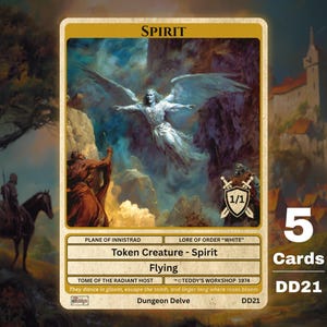 Może przedstawiać: Karta kolekcjonerska przedstawiająca uskrzydlonego ducha na tle zachmurzonego nieba, z postaciami poniżej. Karta oznaczona jako "Spirit" i "Token Creature - Spirit", z "Flying" jako kluczowym atrybutem. Część zestawu 5 kart.