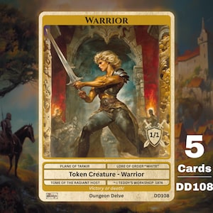 Puede incluir: Una carta coleccionable de fantasía que presenta a una guerrera con una espada, ambientada en un castillo y cortinas rojas. La carta está etiquetada como "WARRIOR" e incluye el texto "Token Creature - Warrior". La carta es parte de un juego de 5 cartas.