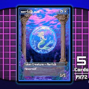 Könnte beinhalten: Digitale Kunstkarte mit einer Meerjungfrau in einer blauen Kugel, Text "merfolk.exe". Die Karte wird von klassischen Säulen umrahmt und vor einem pixeligen Hintergrund platziert. Die Karte ist mit "Token Creature - Merfolk" und "Hexproof" beschriftet.