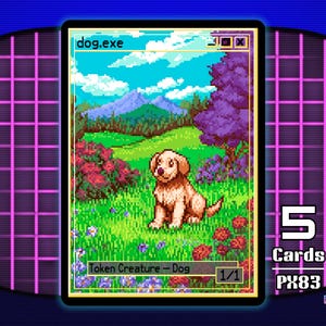 May include: Pixel art trading card featuring a golden retriever puppy in a vibrant landscape. The card reads "dog.exe" at the top, with "Token Creature - Dog" at the bottom. The card is part of the "pixel.exe series" and includes "5 Cards".