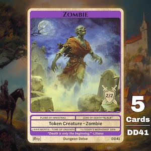 Puede incluir: Carta de fantasía con ilustración de zombi, con borde morado. La carta incluye "ZOMBIE", "Token Creature - Zombie", y "2/2". Es parte de un conjunto de 5 cartas, con la referencia DD41.