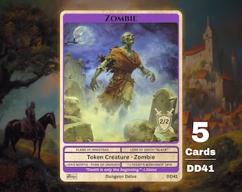 Może przedstawiać: Karta fantasy z ilustracją zombie, w fioletowej ramce. Karta zawiera napisy "ZOMBIE", "Token Creature - Zombie" i "2/2". Część zestawu 5 kart, oznaczonych DD41.
