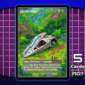 Peut inclure: Une carte à collectionner pixélisée représentant un vaisseau spatial écrasé dans une forêt. La carte est intitulée "lander.exe" et contient du texte de jeu. La carte fait partie de la "série pixel.exe" et est placée sur un fond d'écran de télévision rétro.