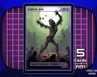 Może przedstawiać: Karta kolekcjonerska w stylu pixel art przedstawiająca zombie z tekstem "zombie.exe". Karta jest osadzona na tle pikselowego lasu i ekranu telewizora retro. Karta zawiera napis "Token Creature - Zombie" i "2/2".