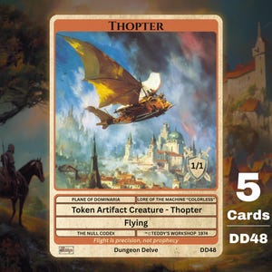 May include: A fantasy card featuring a flying machine labeled "Thopter" with a yellow and brown wing design, set against a backdrop of a city and sky. The card includes text such as "Token Artifact Creature" and "Flying". The card is part of a set of 5 cards.
