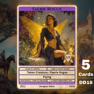 May include: A fantasy card featuring a woman with golden wings, titled "Faerie Rogue." The card has a purple border and includes text such as "Flying" and "Dungeon Delve." The image also shows a knight on horseback and a castle.