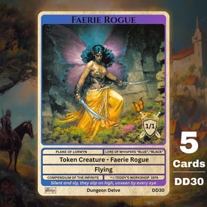 May include: A fantasy card featuring a Faerie Rogue with blue and purple wings, holding two swords, and wearing a yellow gown. The card includes text such as "Faerie Rogue", "Flying", and "1/1". The card is part of a set of 5 cards.