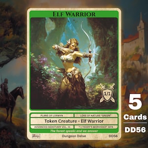 May include: A fantasy card featuring an Elf Warrior with a bow and arrow, set against a forest backdrop. The card has a green border and includes text such as "Elf Warrior" and "Token Creature". The image is part of a set of 5 cards.