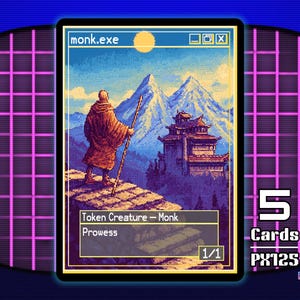 Może przedstawiać: Karta kolekcjonerska w stylu pixel art przedstawiająca mnicha z laską, na tle pasma górskiego i świątyni. Karta jest oznaczona jako "monk.exe" i zawiera tekst "Token Creature - Monk" i "Prowess". Karta jest 1/1.