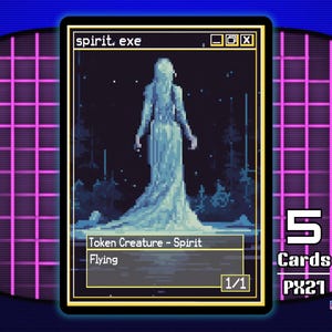 Może przedstawiać: Karta kolekcjonerska z pikselowaną postacią ducha w sukni na tle gwiaździstego nieba. Karta zawiera napisy "spirit.exe" i "Token Creature - Spirit, Flying". Część "pixel.exe series".