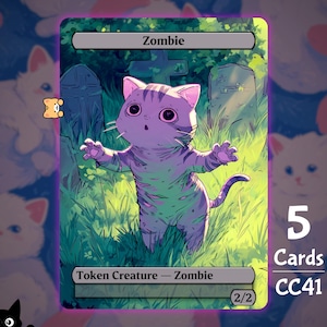 May include: A fantasy card with a zombie cat illustration. The cat is purple and grey, with a surprised expression, in a graveyard setting. The card reads "Zombie" and "Token Creature - Zombie". The card also has the number "2/2".