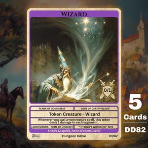 May include: A fantasy-themed trading card featuring a wizard with a long white beard and a blue hat, conjuring magic. The card has text including "Wizard", "Token Creature", and "Dungeon Delve". The card is purple and gold.
