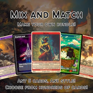 May include: A promotional image for trading cards. The image features five different cards with fantasy art, including a rat, a spaceship, a devil, a cat, and a goblin shaman. Text reads "Mix and Match" and "Any 5 Cards, Any Style!"
