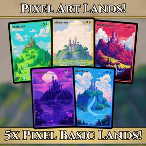 May include: Five pixel art cards featuring fantasy landscapes: forest, plains, mountain, island, and swamp. Each card displays a castle within a colorful environment, with text reading "PIXEL ART LANDS!" and "5X PIXEL BASIC LANDS!"