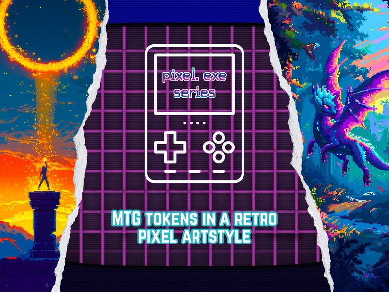 May include: Digital art featuring a pixelated dragon and a retro handheld game console design. The text reads "pixel.exe series" and "MTG Tokens in a Retro Pixel Artstyle". The background has a grid pattern.
