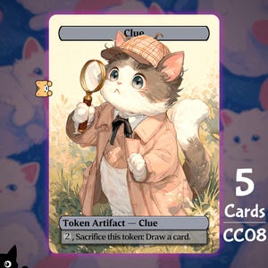 Peut inclure: Une carte représentant un chat détective avec une loupe, portant un chapeau à carreaux et un trench-coat. La carte est intitulée "Clue" et "Token Artifact". Le texte "5 Cards CC08" est également visible.