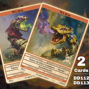 May include: Two "Wurm" trading cards. One card features a snake-like creature with green energy, the other with purple smoke. The cards have a tan border and include text such as "Token Artifact Creature - Wurm" and "Deathtouch."