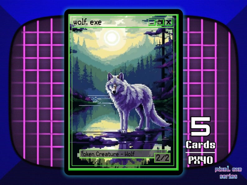 May include: A pixelated art card featuring a wolf standing near a lake, with a forest and sunset in the background. The card reads "wolf.exe" and "Token Creature - Wolf 2/2". The card is part of the "pixel.exe series".