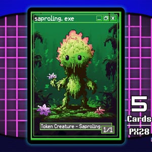 May include: A pixelated trading card featuring a green creature with a pink and green head, holding a flower. The card is labeled "saproling.exe" and "Token Creature - Saproling 1/1". The card is part of the "pixel.exe series" and includes "5 Cards PX28".