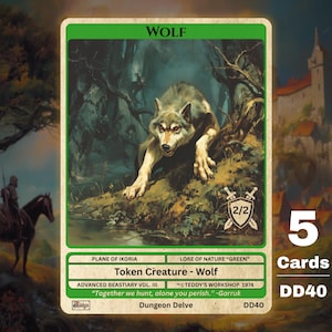 May include: A trading card featuring a wolf illustration in a forest setting. The card is labeled "WOLF" and "Token Creature - Wolf." It includes the text "ADVANCED BEASTIARY VOL. III" and "5 Cards DD40."