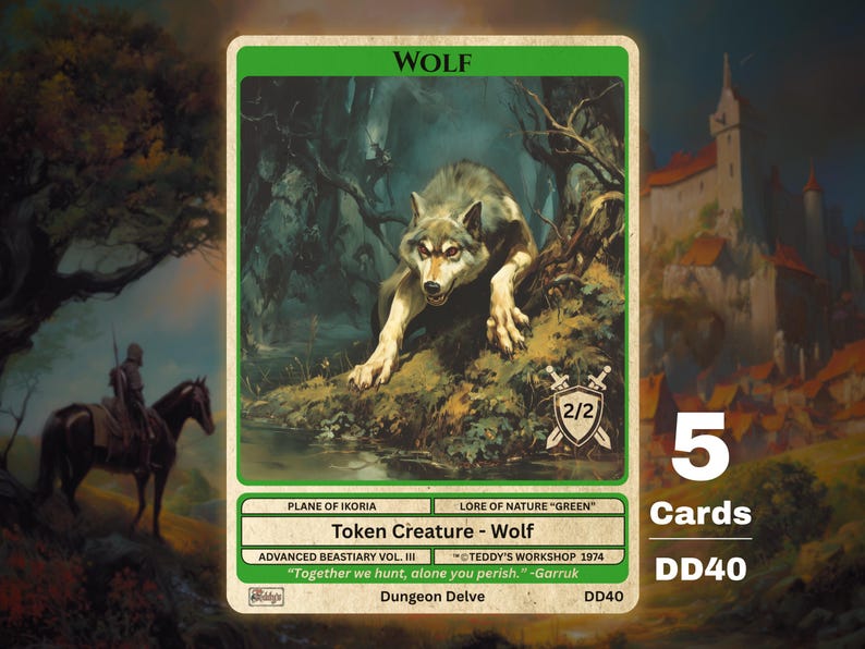 May include: A trading card featuring a wolf illustration in a forest setting. The card is labeled "WOLF" and "Token Creature - Wolf." It includes the text "ADVANCED BEASTIARY VOL. III" and "5 Cards DD40."