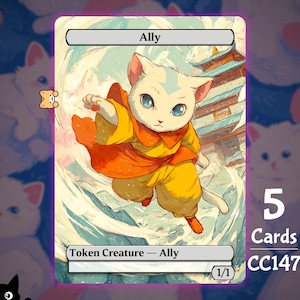 May include: A trading card featuring a white cat character in orange and yellow attire, labeled "Ally". The card has a fantasy art style with a background of swirling blue and white. The card is part of a set of 5.