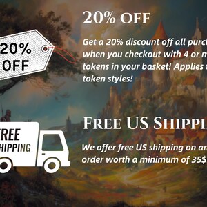 May include: An advertisement with a fantasy landscape background. A tag with "20% OFF" is displayed. A white truck with "FREE SHIPPING" is shown. Text states "Get a 20% discount" and "free US shipping".