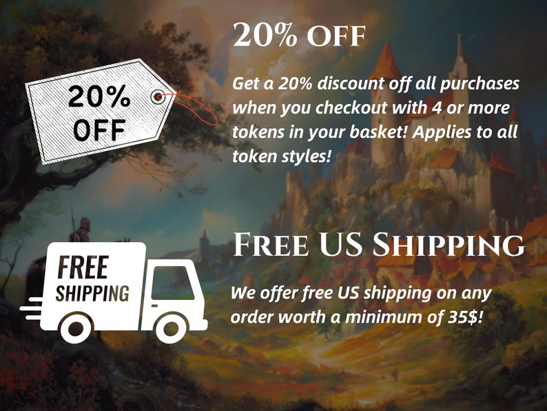 May include: An advertisement with a fantasy landscape background. A tag with "20% OFF" is displayed. A white truck with "FREE SHIPPING" is shown. Text states "Get a 20% discount" and "free US shipping".