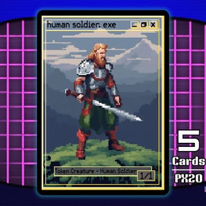 以下が含まれることがあります： 剣を持った人間の兵士が、鎧を着て草の丘に立っているピクセルアートのトレーディングカード。カードには「human soldier.exe」と書かれており、「Token Creature - Human Soldier」と「1/1」の文字が含まれています。「pixel.exe series」の一部です。
